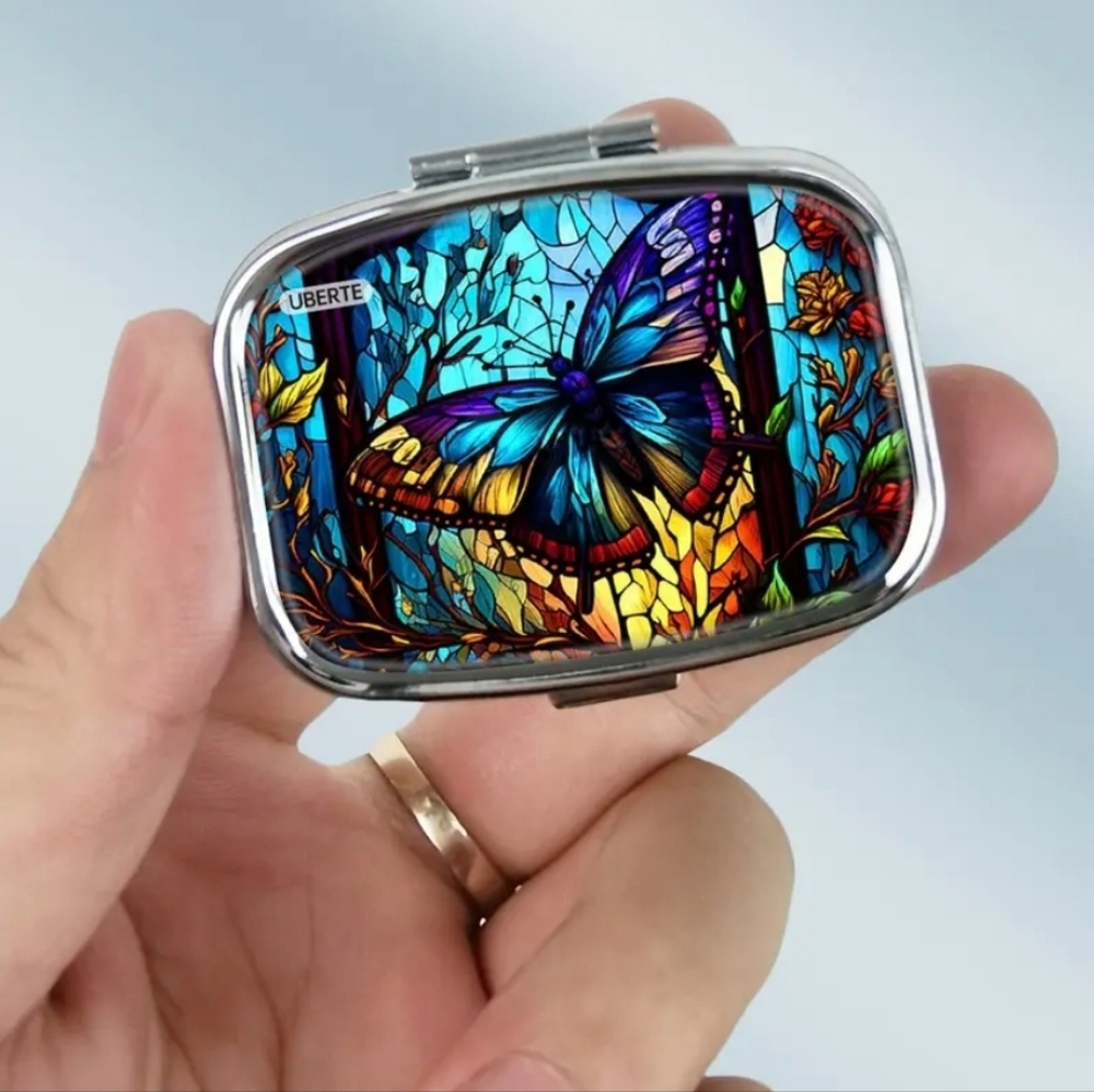 New! Stained Glass Butterfly Compact Medices Case.